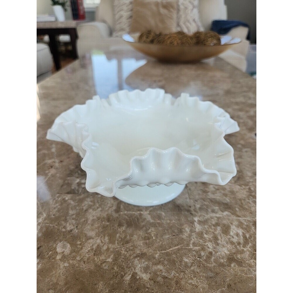 Vintage Fenton Ruffled White Milknglass Bowl, 8"
